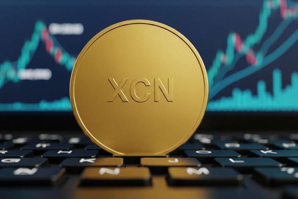 XCN coin visualized with market data and charts in the background