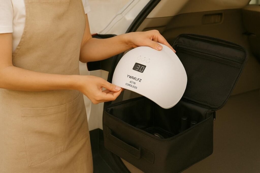 Nail technician packing Ywmlfz 48w cordless lamp for mobile use