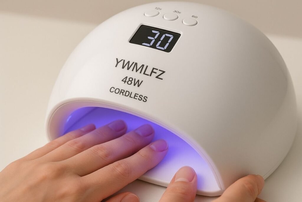 Person using Ywmlfz 48w cordless nail lamp with timer display