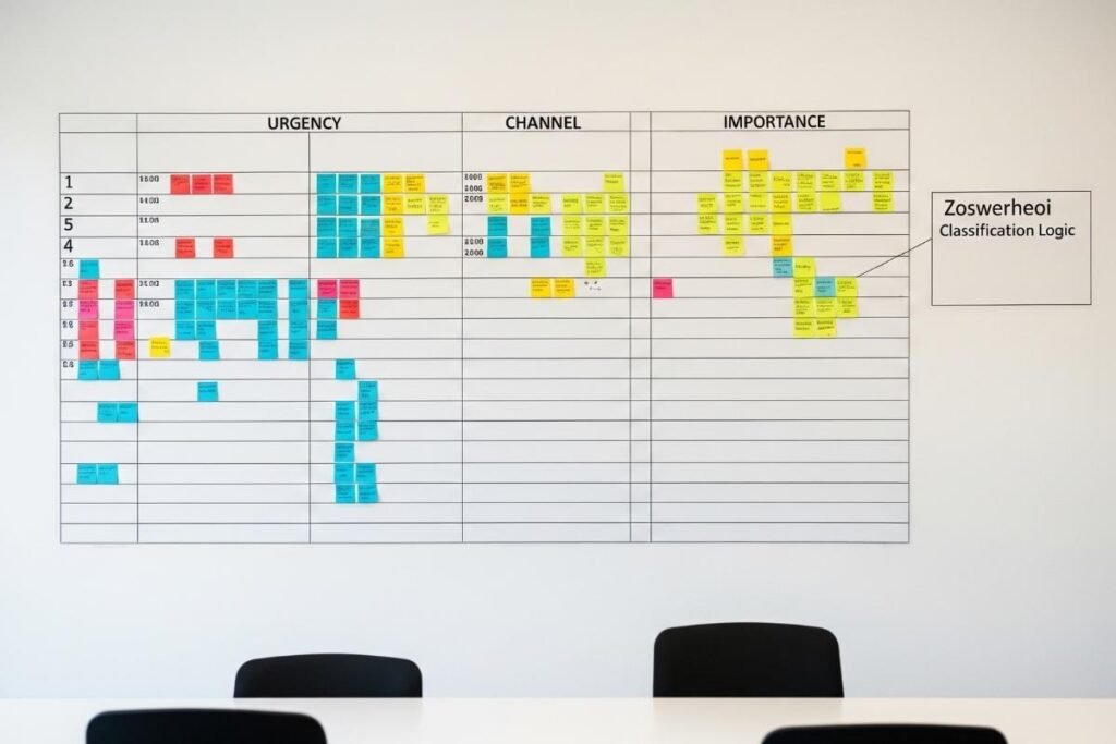 Zoswerheoi classification logic shown on whiteboard with sticky notes