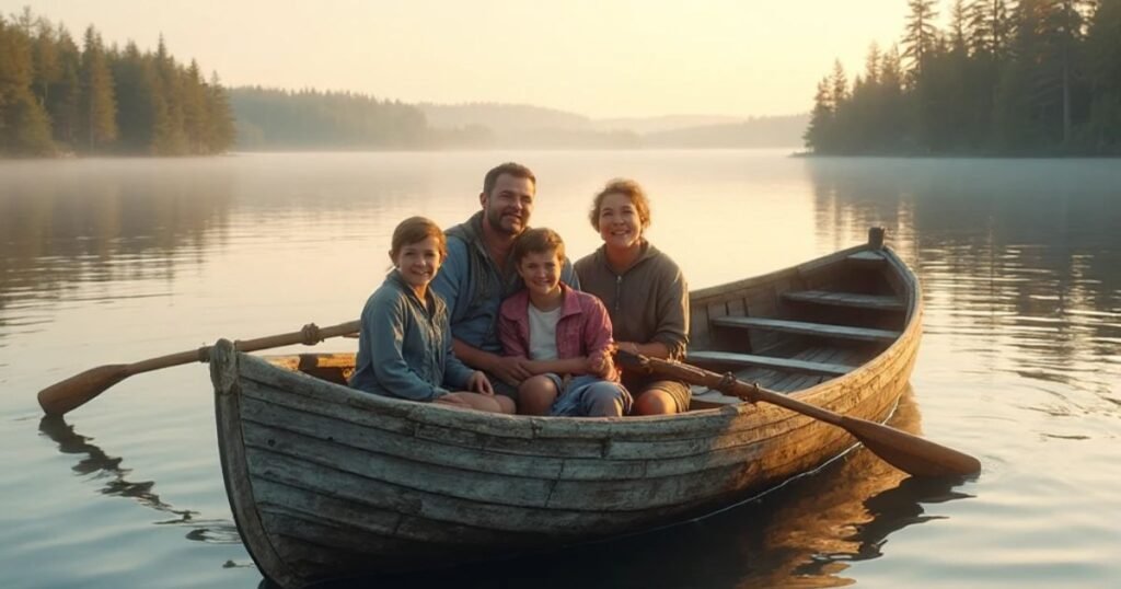 Family enjoying a peaceful boat ride on a calm Finnish lake