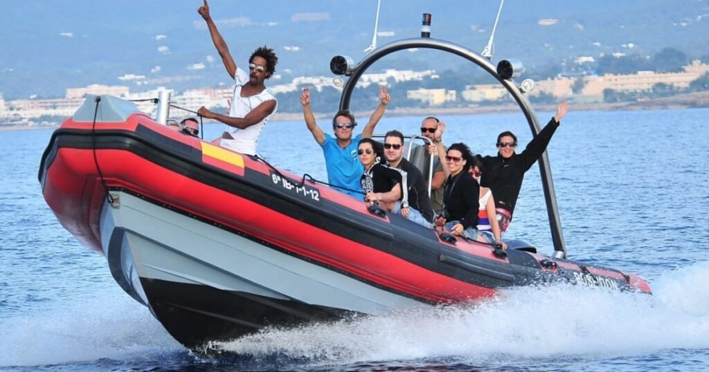 Group enjoying a thrilling speedboat ride on the sea