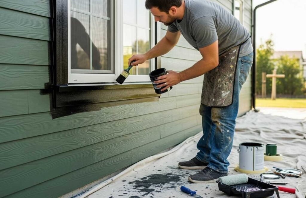 Dark green houses with black trim