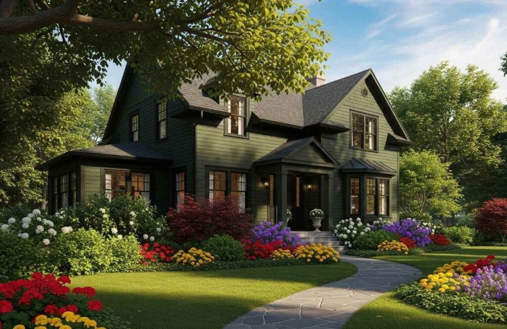 Dark green houses with black trim