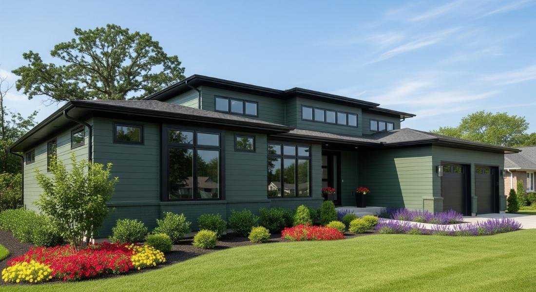 Dark green houses with black trim