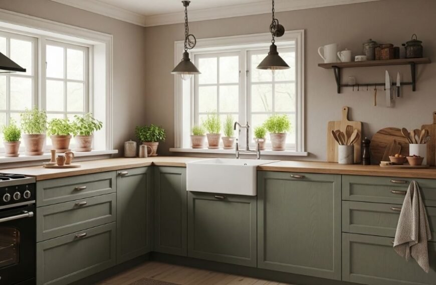 Rustic sage green kitchen cabinets
