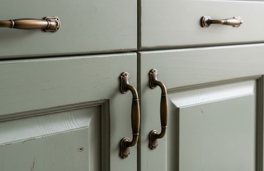 Rustic sage green kitchen cabinets