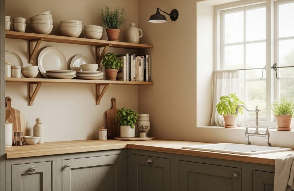 Rustic sage green kitchen cabinets