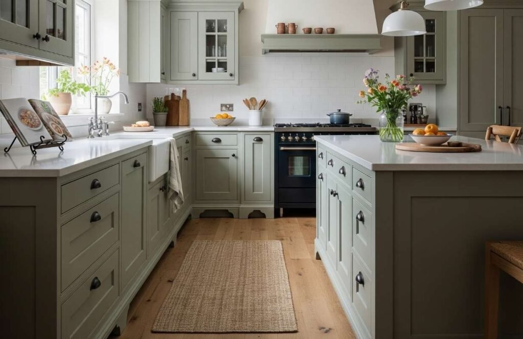 Rustic sage green kitchen cabinets