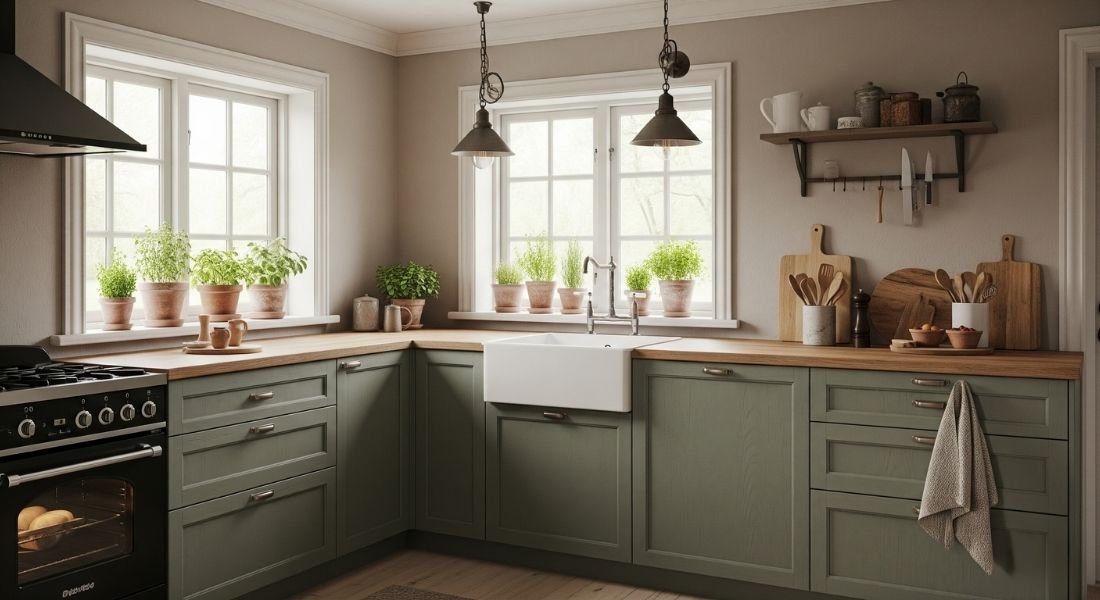 Rustic sage green kitchen cabinets