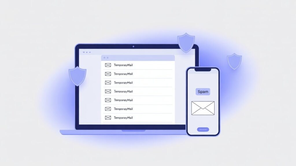 A clean and modern flat design of a mailbox icon with a shield, representing privacy and spam protection through Demainmail.