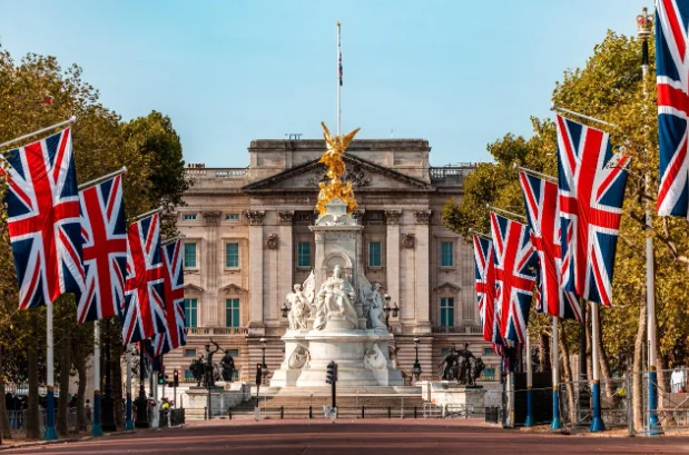 Union Jack flags line the Mall leading to Buckingham Palace, symbolising British identity and patriotism as debates grow over migration, protests, and the question: is London safe?