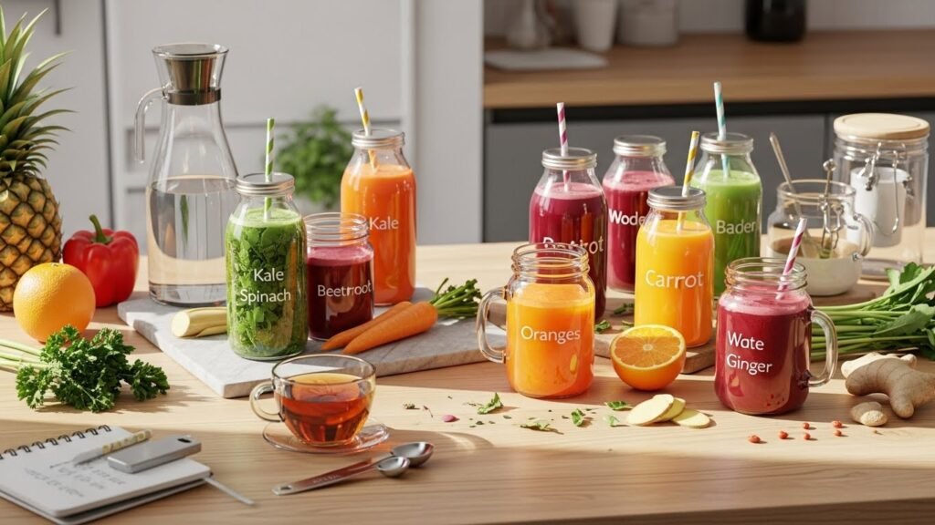 Colorful fresh juices prepared for a 3 Day Detox Cleanse Juice with fruits and vegetables on a table