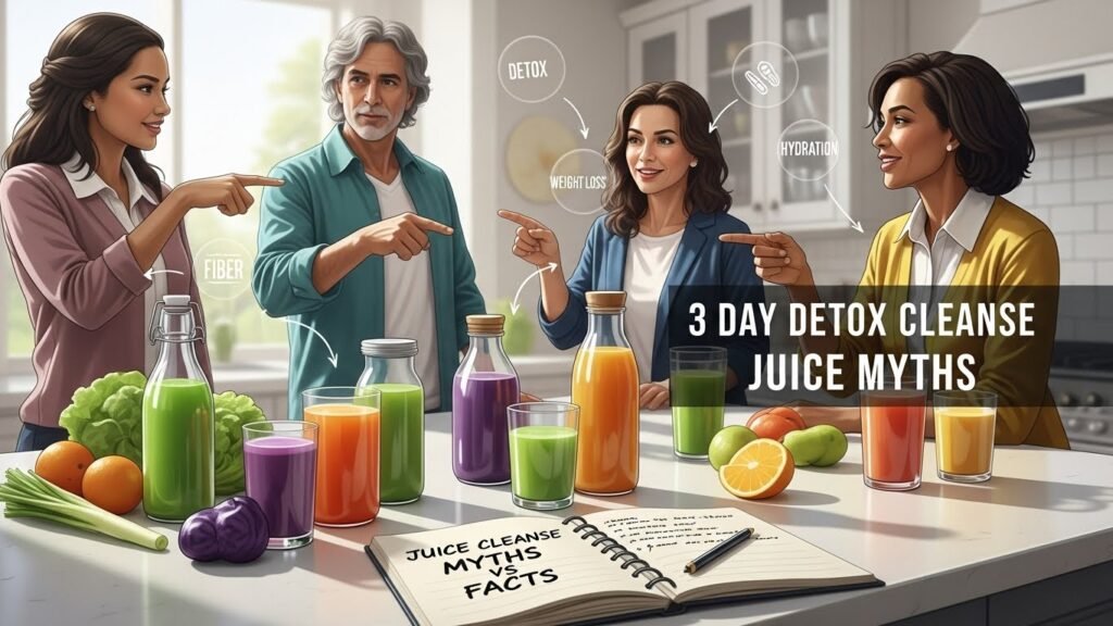 Professionals discussing 3 Day Detox Cleanse Juice myths with colorful juices on the table.