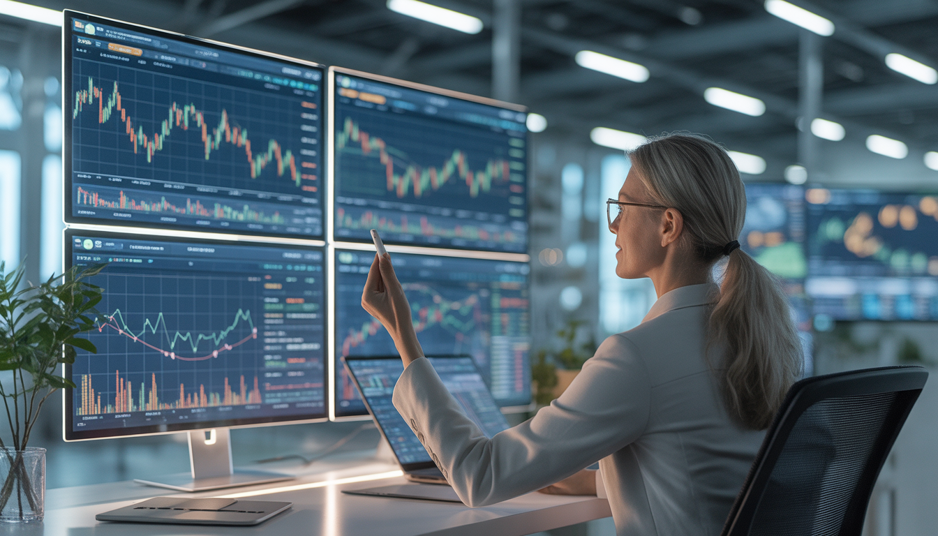 Professional analyst reviewing data dashboards for financial updates aggr8finance on multiple screens in a modern office