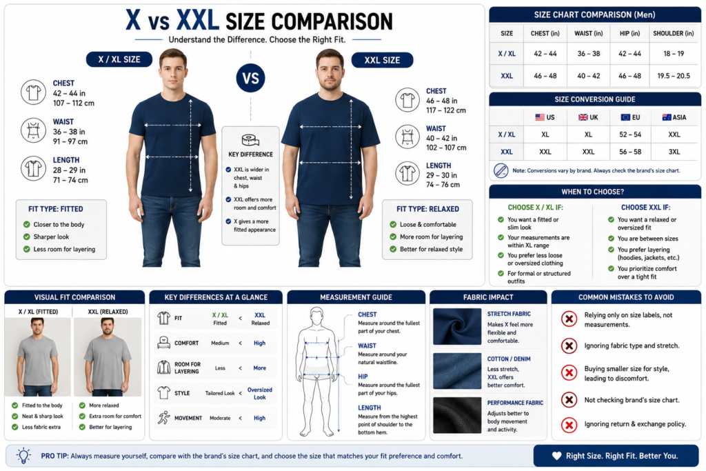X vs XXL Size Chart Comparison