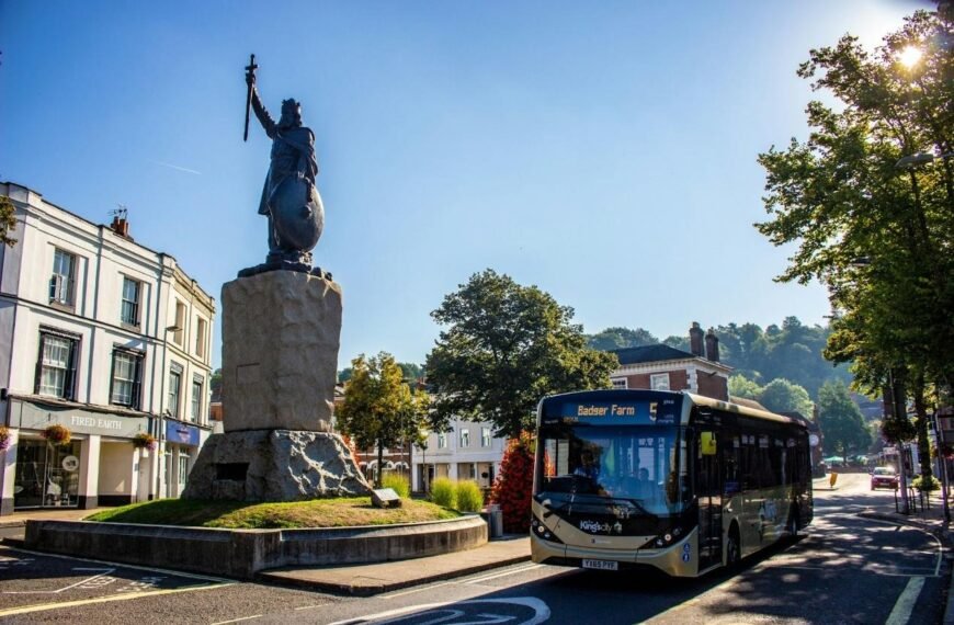 Statue of King Alfred the Great in Winchester, Hampshire, England, overlooking a town-centre street, illustrating a historic English weekend destination
