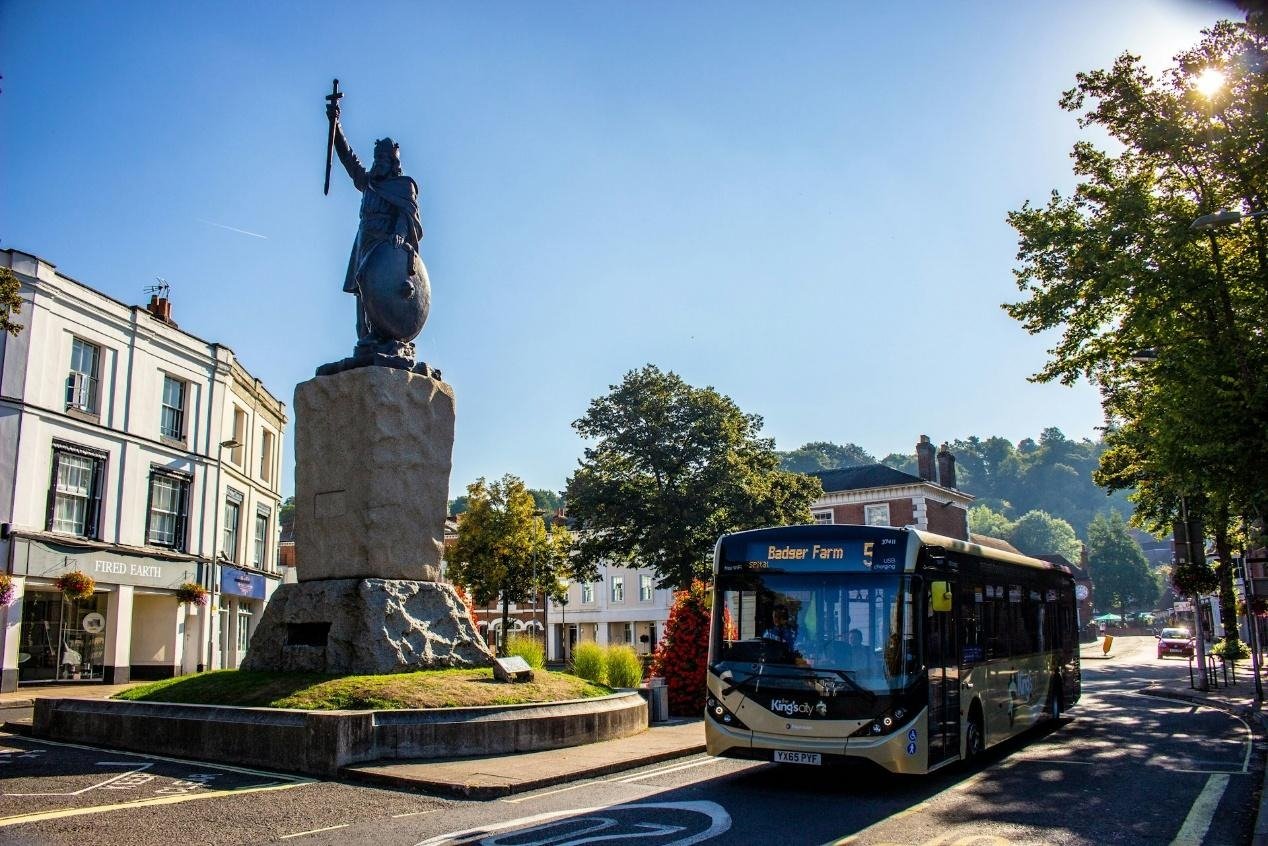 Statue of King Alfred the Great in Winchester, Hampshire, England, overlooking a town-centre street, illustrating a historic English weekend destination
